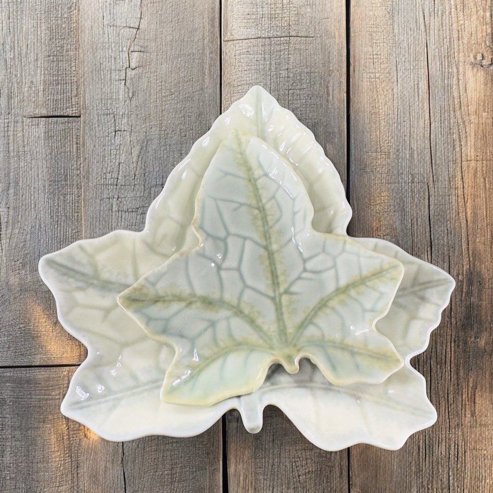 Christian Tortu Paris Light Sage Green Fine Porcelain Ware Leaf Plate Dish Set 2